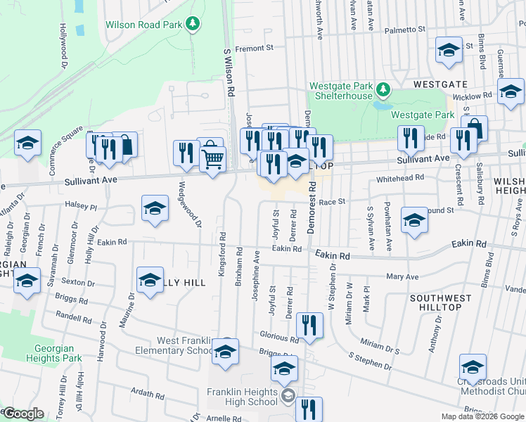 map of restaurants, bars, coffee shops, grocery stores, and more near 646 Josephine Avenue in Columbus