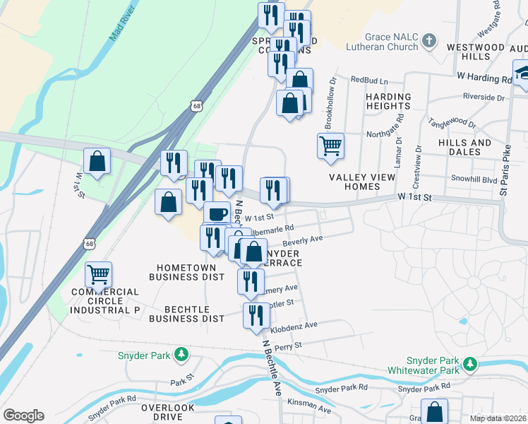 map of restaurants, bars, coffee shops, grocery stores, and more near in Springfield