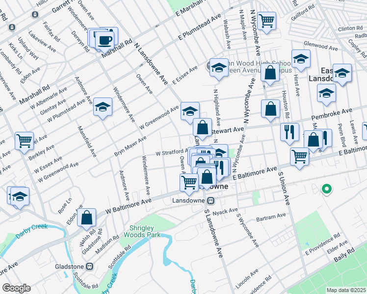 map of restaurants, bars, coffee shops, grocery stores, and more near 38 West Stratford Avenue in Lansdowne