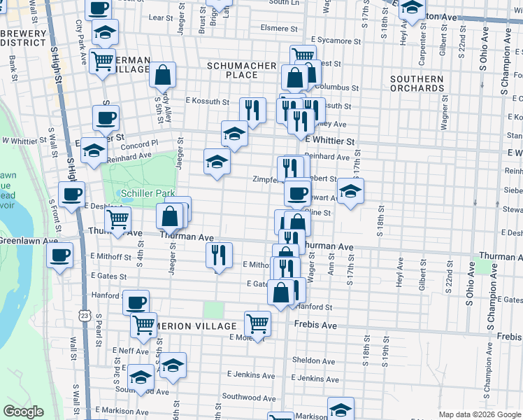 map of restaurants, bars, coffee shops, grocery stores, and more near 434 East Deshler Avenue in Columbus