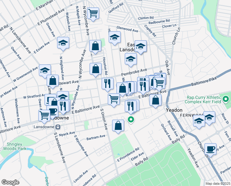 map of restaurants, bars, coffee shops, grocery stores, and more near 24 Hirst Avenue in Lansdowne
