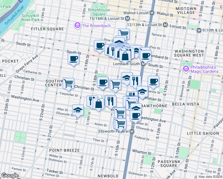 map of restaurants, bars, coffee shops, grocery stores, and more near 1616 Webster Street in Philadelphia