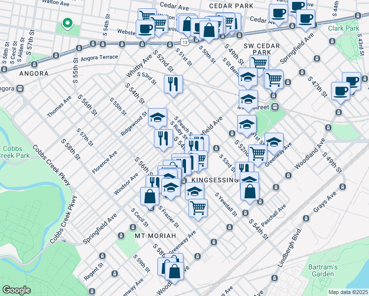 map of restaurants, bars, coffee shops, grocery stores, and more near 5401 Springfield Avenue in Philadelphia