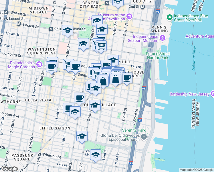 map of restaurants, bars, coffee shops, grocery stores, and more near 339 Bainbridge Street in Philadelphia