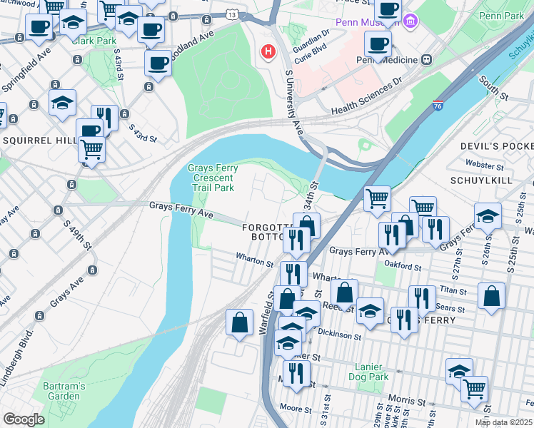 map of restaurants, bars, coffee shops, grocery stores, and more near in Philadelphia