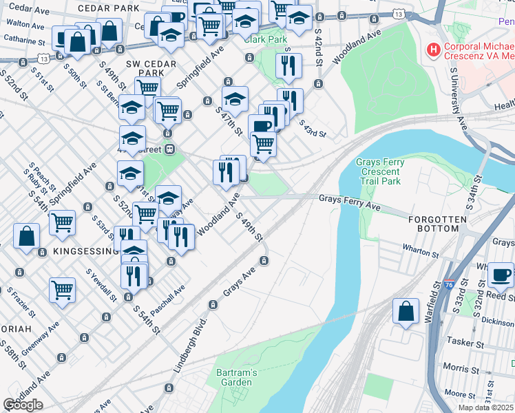 map of restaurants, bars, coffee shops, grocery stores, and more near 1439 South Fallon Street in Philadelphia