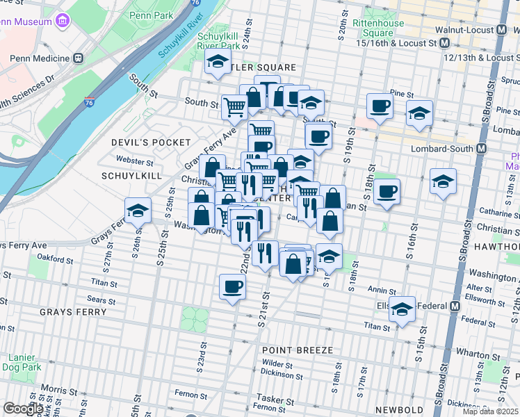 map of restaurants, bars, coffee shops, grocery stores, and more near 923 South 22nd Street in Philadelphia