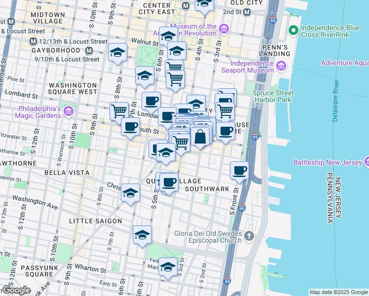 map of restaurants, bars, coffee shops, grocery stores, and more near 629 South 4th Street in Philadelphia
