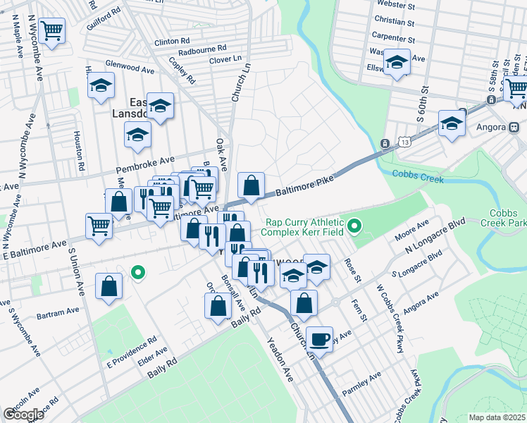 map of restaurants, bars, coffee shops, grocery stores, and more near 23 Kelly Street in Lansdowne