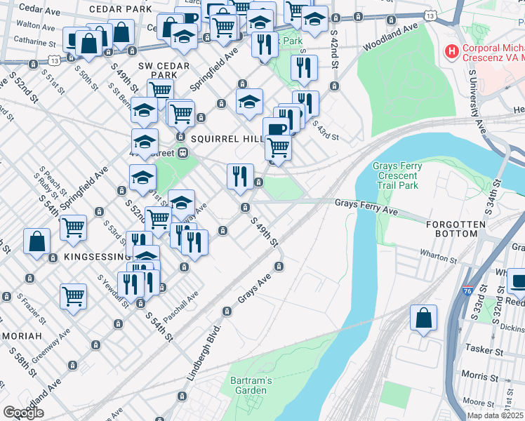map of restaurants, bars, coffee shops, grocery stores, and more near 4830 Woodland Avenue in Philadelphia