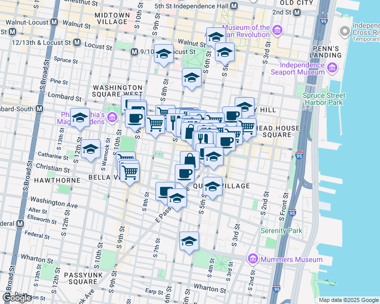 map of restaurants, bars, coffee shops, grocery stores, and more near 712 South 6th Street in Philadelphia
