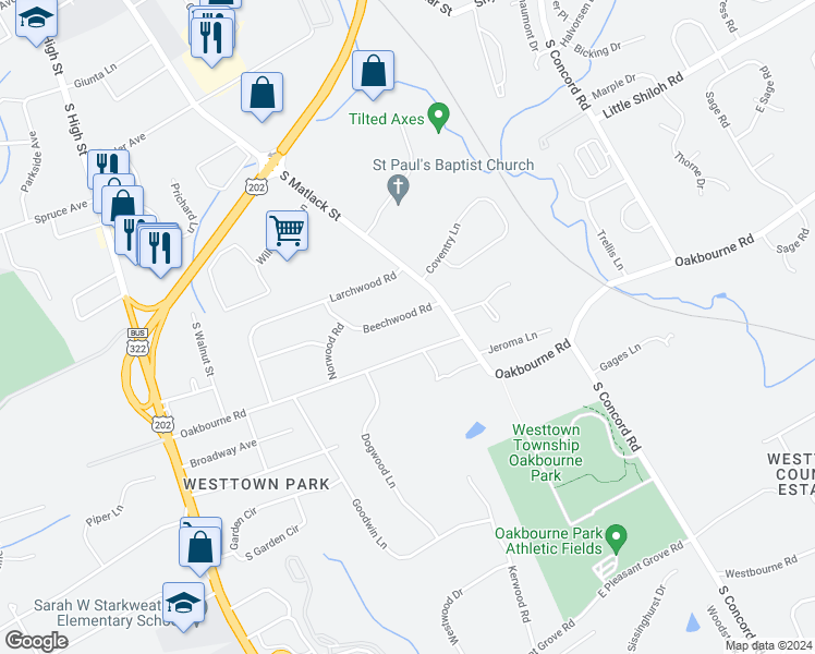 map of restaurants, bars, coffee shops, grocery stores, and more near 400 Beechwood Road in West Chester