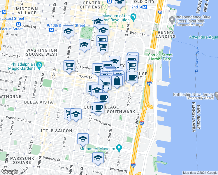 map of restaurants, bars, coffee shops, grocery stores, and more near 317-19 Monroe Street in Philadelphia