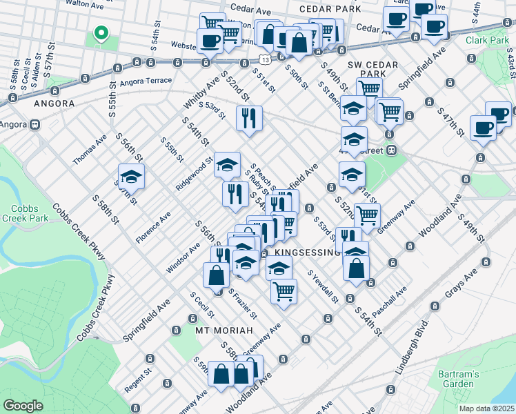 map of restaurants, bars, coffee shops, grocery stores, and more near 5416 Belmar Terrace in Philadelphia