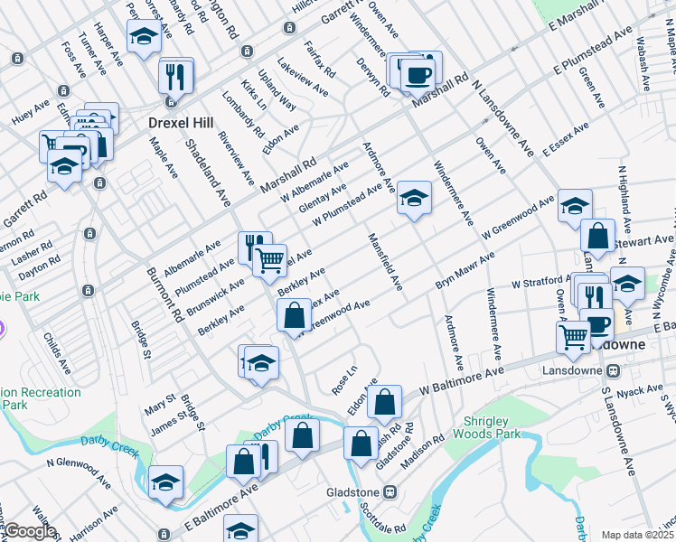map of restaurants, bars, coffee shops, grocery stores, and more near 204 Berkley Avenue in Lansdowne