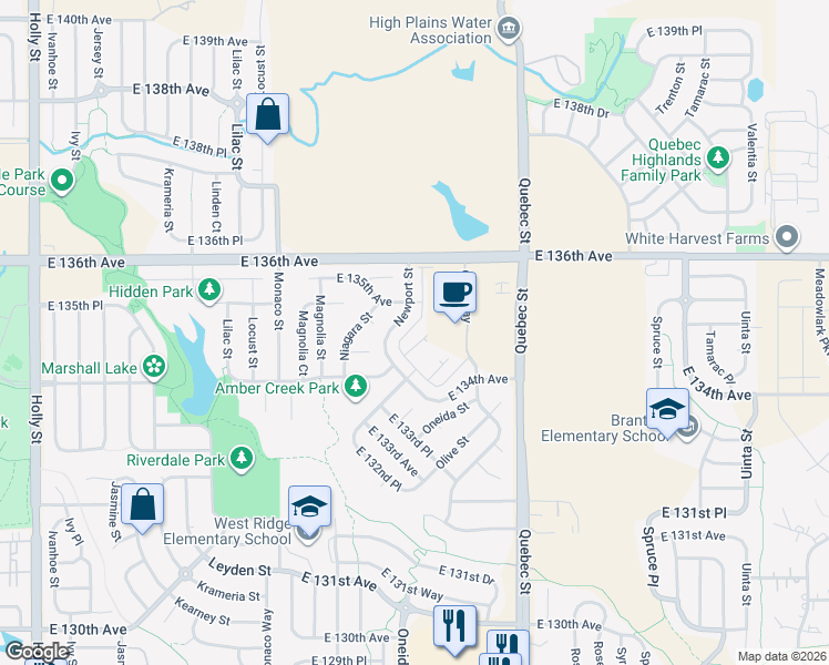 map of restaurants, bars, coffee shops, grocery stores, and more near 6752 East 135th Avenue in Thornton