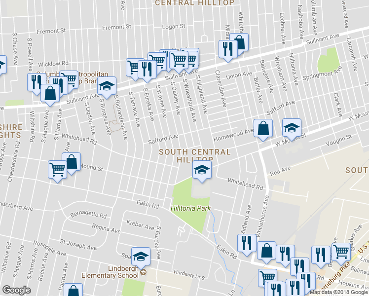 map of restaurants, bars, coffee shops, grocery stores, and more near 705 South Oakley Avenue in Columbus