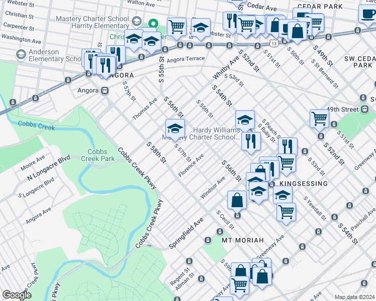 map of restaurants, bars, coffee shops, grocery stores, and more near 5648 Pentridge Street in Philadelphia
