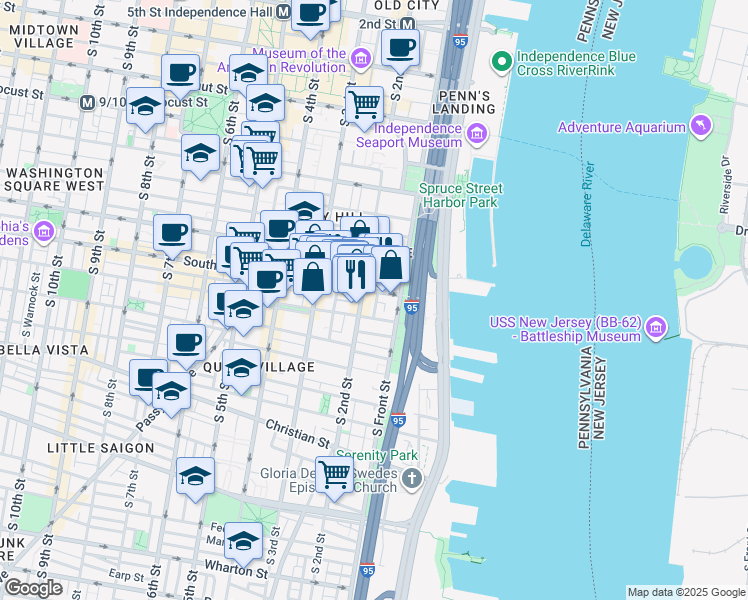 map of restaurants, bars, coffee shops, grocery stores, and more near 608 South Hancock Street in Philadelphia