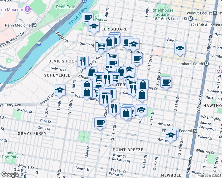map of restaurants, bars, coffee shops, grocery stores, and more near 923 South 22nd Street in Philadelphia