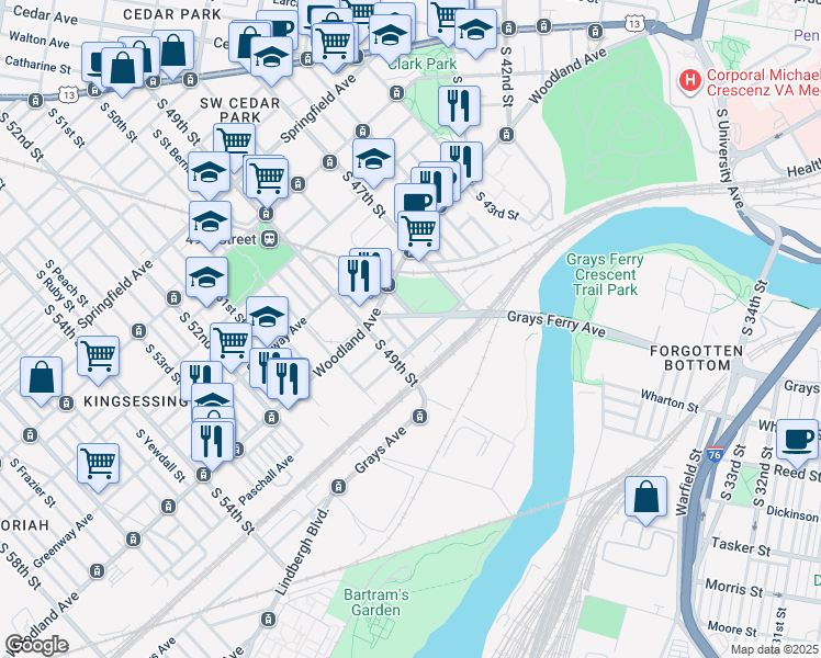 map of restaurants, bars, coffee shops, grocery stores, and more near 1439 South Fallon Street in Philadelphia