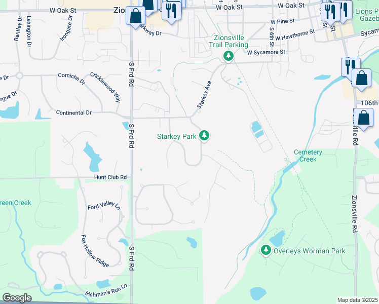 map of restaurants, bars, coffee shops, grocery stores, and more near 675 Morningside Drive in Zionsville