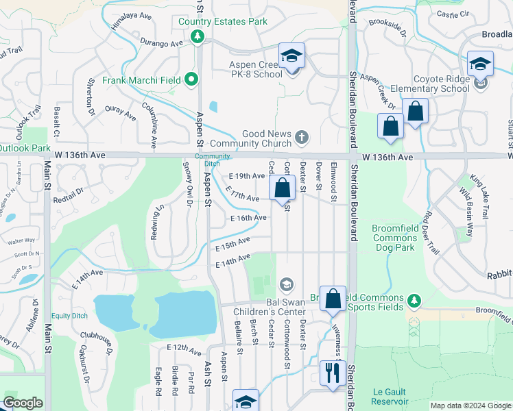 map of restaurants, bars, coffee shops, grocery stores, and more near 1095 East 16th Avenue in Broomfield