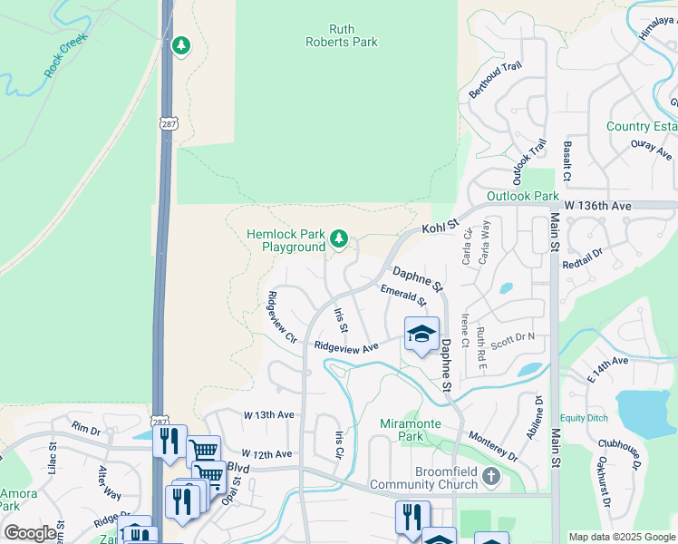 map of restaurants, bars, coffee shops, grocery stores, and more near 1674 Iris Street in Broomfield