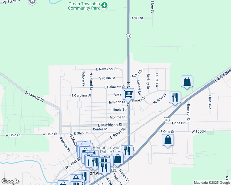 map of restaurants, bars, coffee shops, grocery stores, and more near 425 Vera Court in Fortville