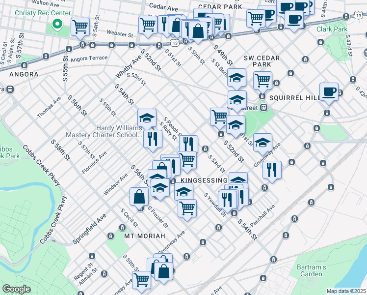 map of restaurants, bars, coffee shops, grocery stores, and more near 1306 South Ruby Street in Philadelphia
