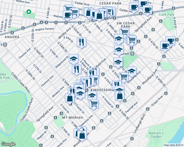 map of restaurants, bars, coffee shops, grocery stores, and more near 1306 South Ruby Street in Philadelphia