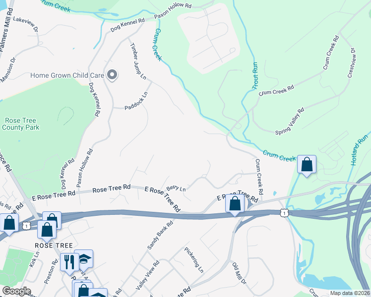 map of restaurants, bars, coffee shops, grocery stores, and more near 391 East Rose Tree Road in Media