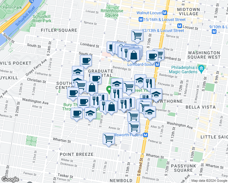 map of restaurants, bars, coffee shops, grocery stores, and more near 1713 Christian Street in Philadelphia