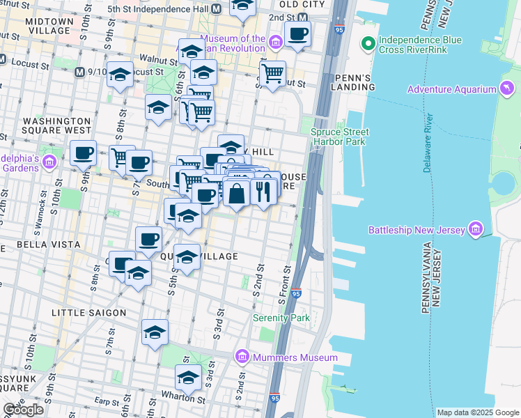 map of restaurants, bars, coffee shops, grocery stores, and more near 213 Head House Court in Philadelphia