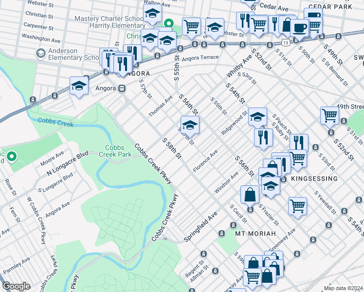map of restaurants, bars, coffee shops, grocery stores, and more near 5727 Willows Avenue in Philadelphia