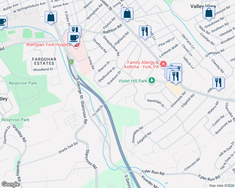 map of restaurants, bars, coffee shops, grocery stores, and more near 248 Tri Hill Road in York