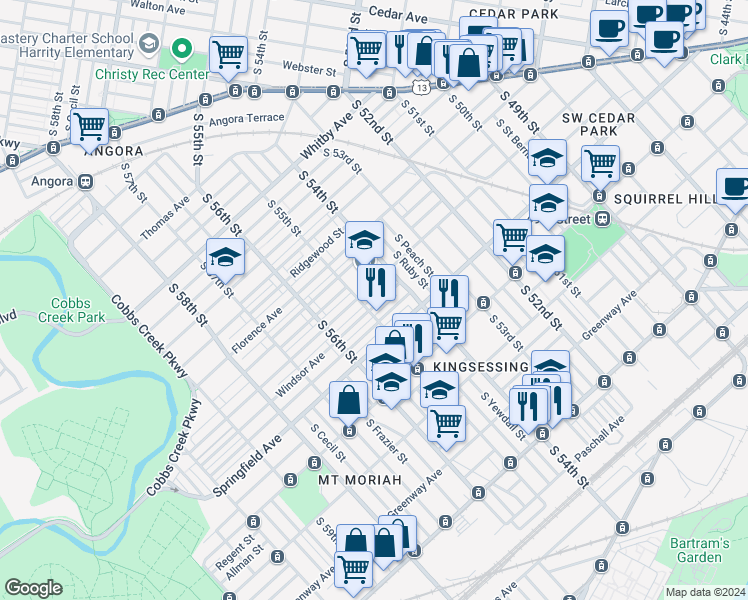 map of restaurants, bars, coffee shops, grocery stores, and more near 5439 Windsor Street in Philadelphia