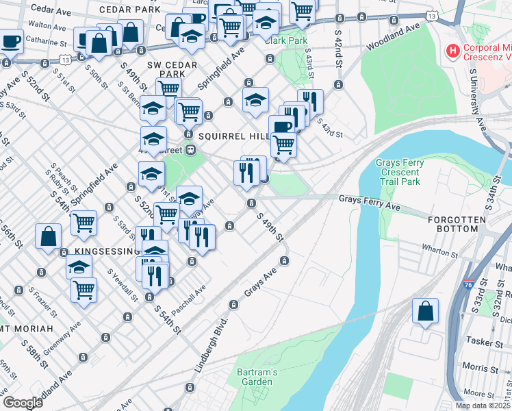 map of restaurants, bars, coffee shops, grocery stores, and more near 4830 Woodland Avenue in Philadelphia