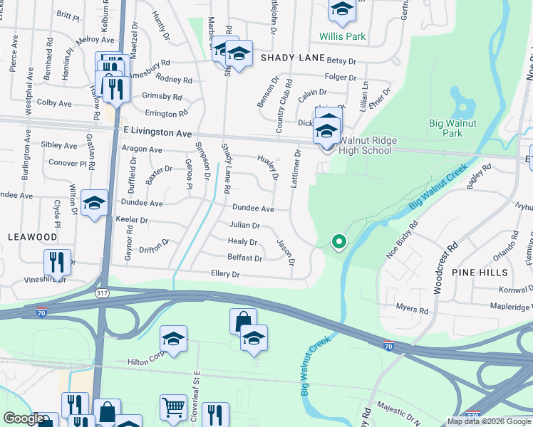map of restaurants, bars, coffee shops, grocery stores, and more near 4711 Dundee Avenue in Columbus