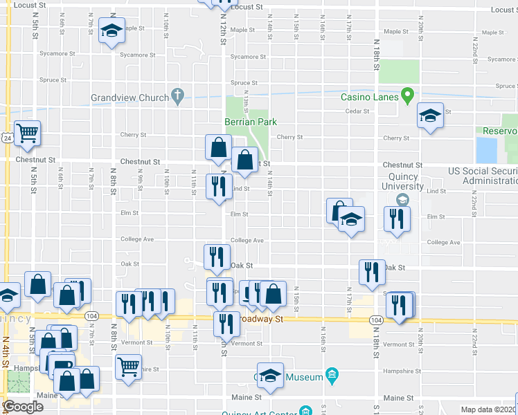 map of restaurants, bars, coffee shops, grocery stores, and more near 1321 Elm Street in Quincy