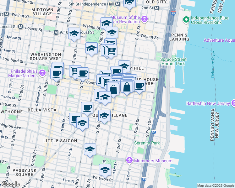 map of restaurants, bars, coffee shops, grocery stores, and more near 629 South 4th Street in Philadelphia