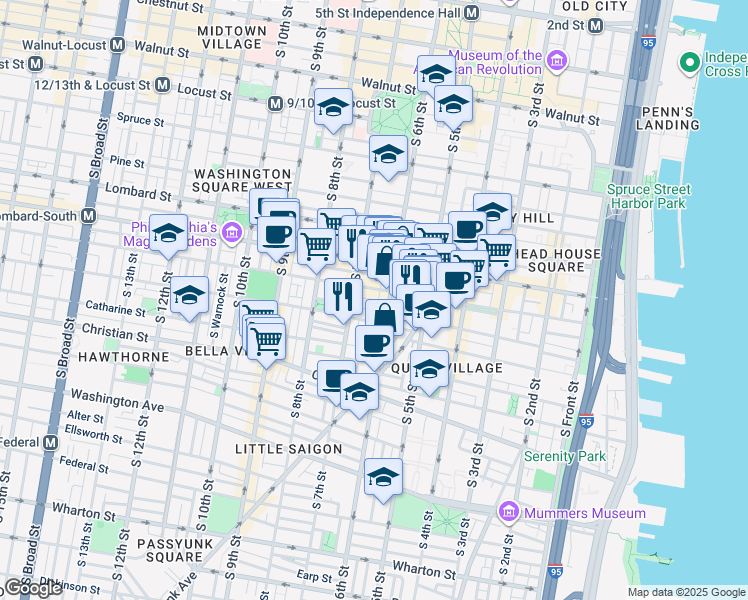 map of restaurants, bars, coffee shops, grocery stores, and more near 716 South Marshall Street in Philadelphia