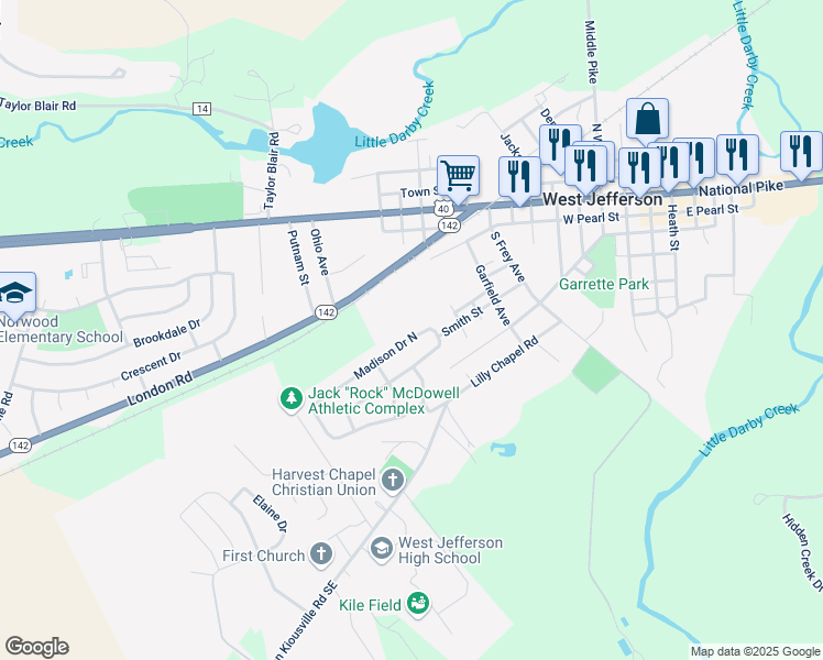 map of restaurants, bars, coffee shops, grocery stores, and more near 318 Madison Drive North in West Jefferson