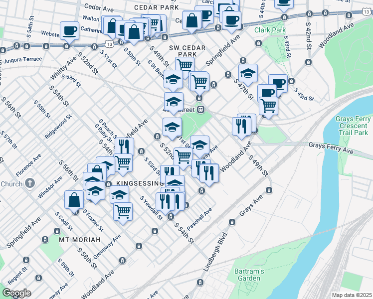 map of restaurants, bars, coffee shops, grocery stores, and more near 1333 South Paxon Street in Philadelphia