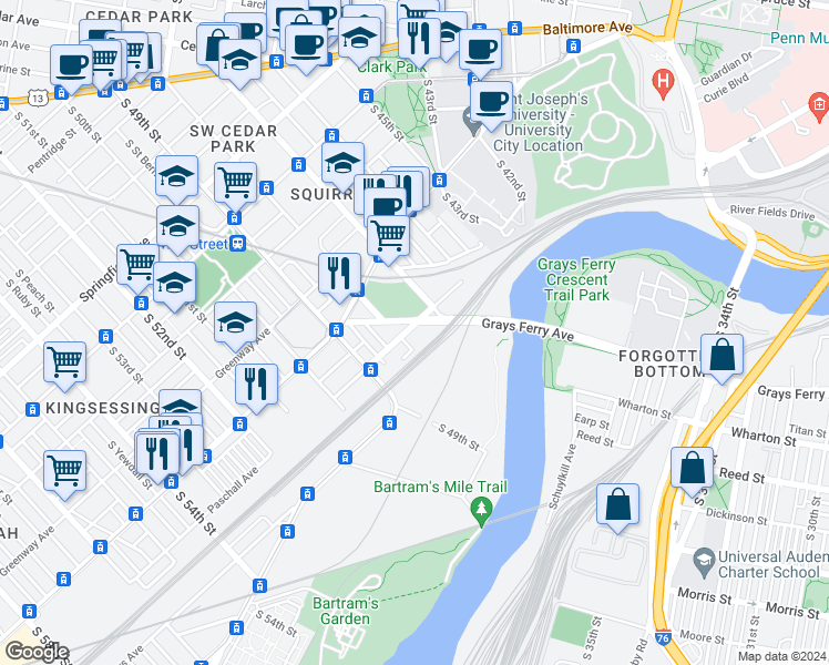 map of restaurants, bars, coffee shops, grocery stores, and more near 4738 Paschall Avenue in Philadelphia