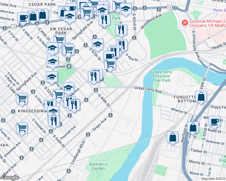 map of restaurants, bars, coffee shops, grocery stores, and more near 4755 Paschall Avenue in Philadelphia