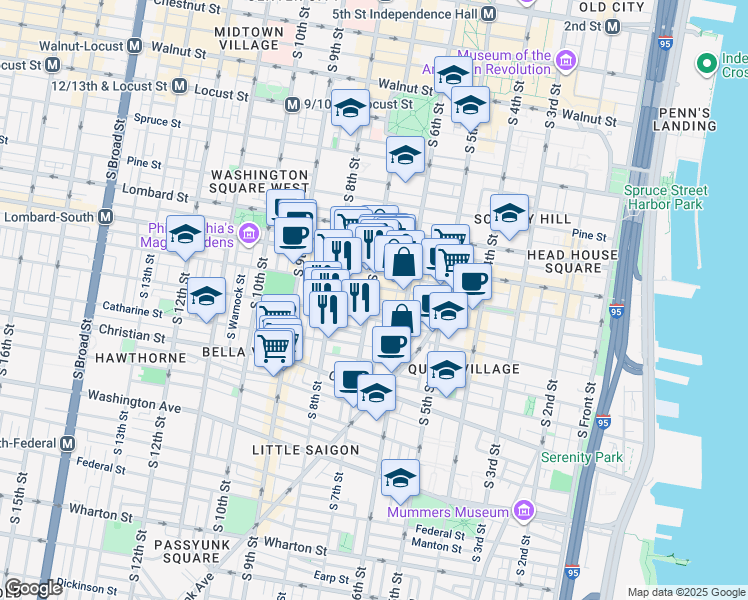 map of restaurants, bars, coffee shops, grocery stores, and more near 717 South 7th Street in Philadelphia