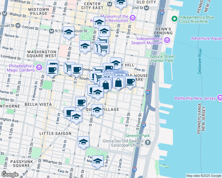 map of restaurants, bars, coffee shops, grocery stores, and more near 333 Bainbridge Street in Philadelphia