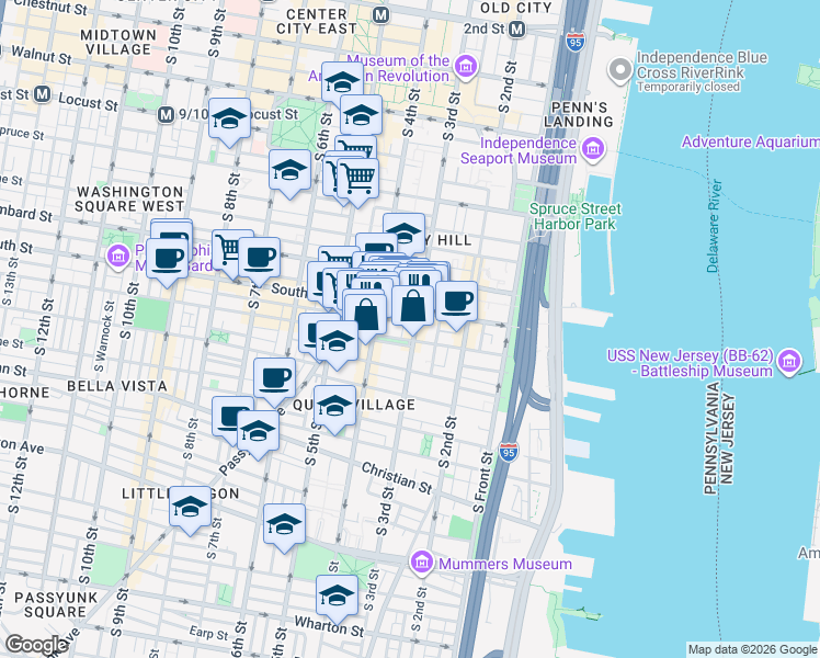 map of restaurants, bars, coffee shops, grocery stores, and more near 310 Bainbridge Street in Philadelphia