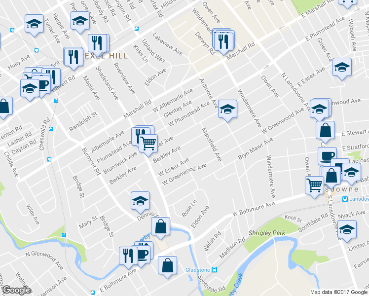 map of restaurants, bars, coffee shops, grocery stores, and more near 204 Berkley Avenue in Lansdowne